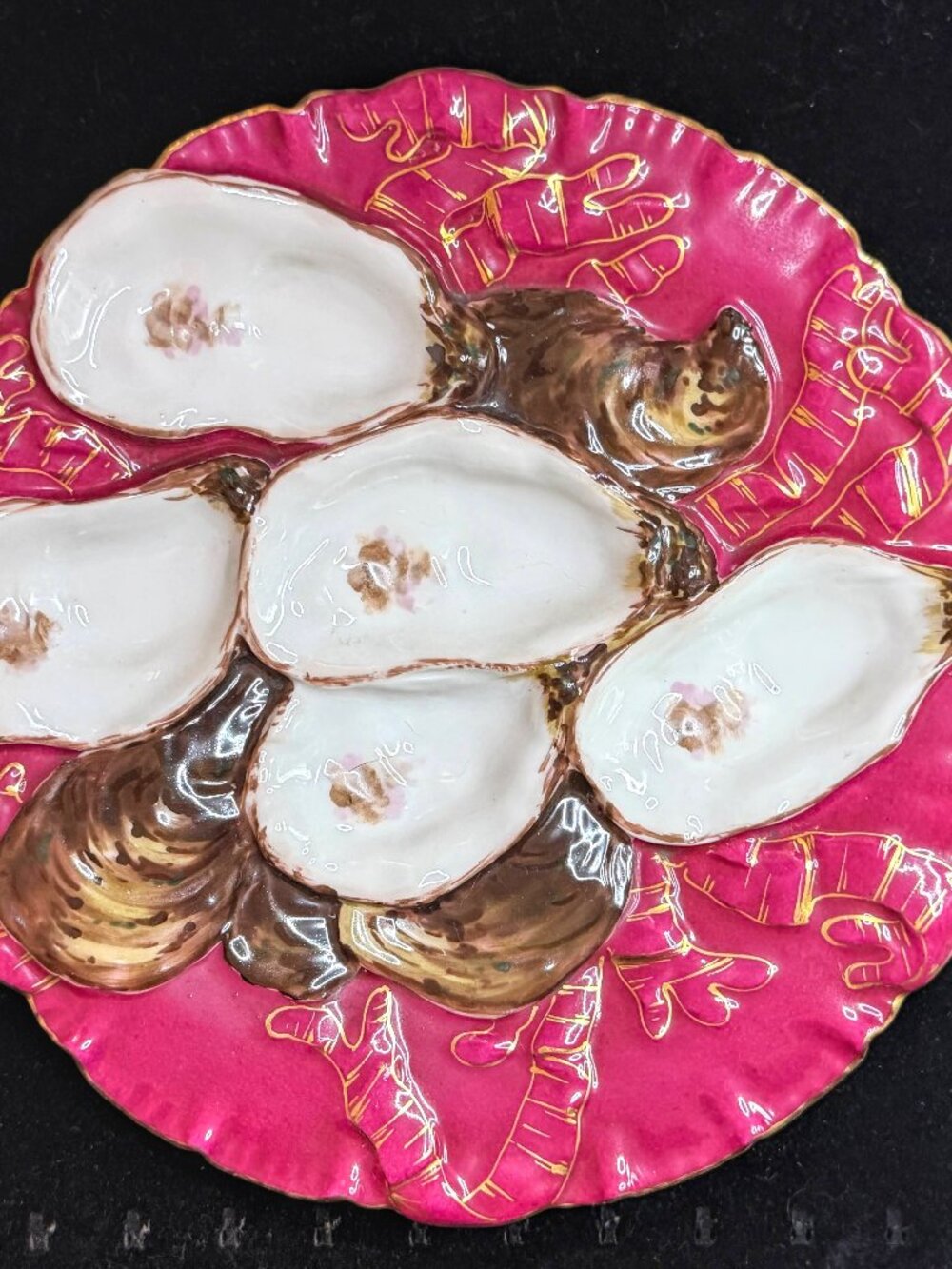 Antique Haviland Limoges Turkey Oyster Plate Raspberry Pink Gold A1240